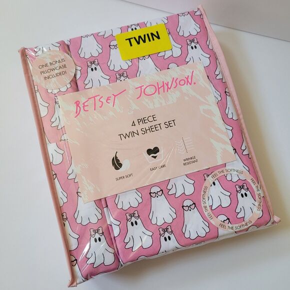 Betsey Johnson 4pc Pink Twin Sheet Set Hey Boo Ghosts w/ Bows Sunglasses Sheets - Picture 2 of 10